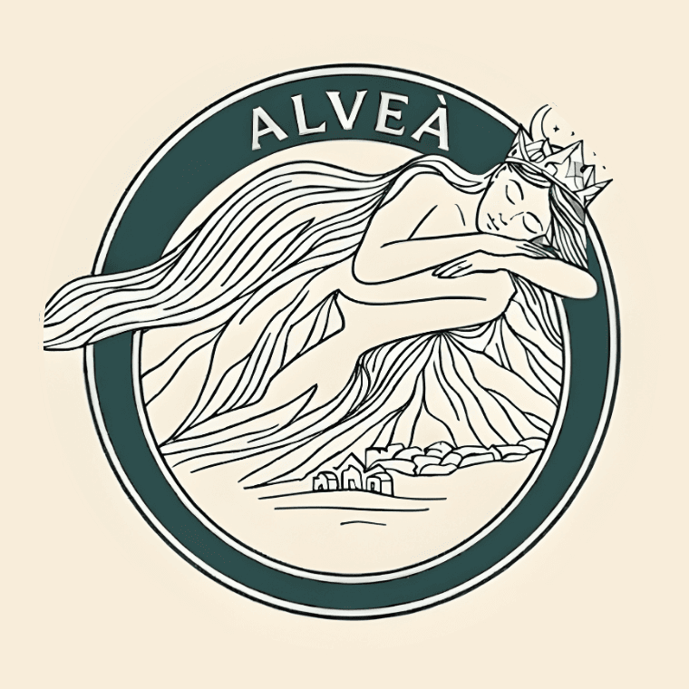 Original round ALVEÀ logo with sleeping crowned figure.