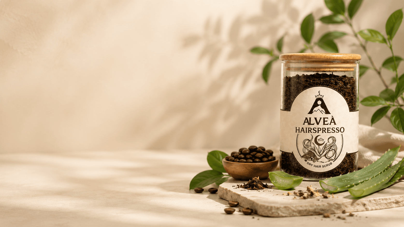 ALVEÀ Hairspresso jar with coffee beans, aloe vera, and botanical leaves on a warm apothecary surface.