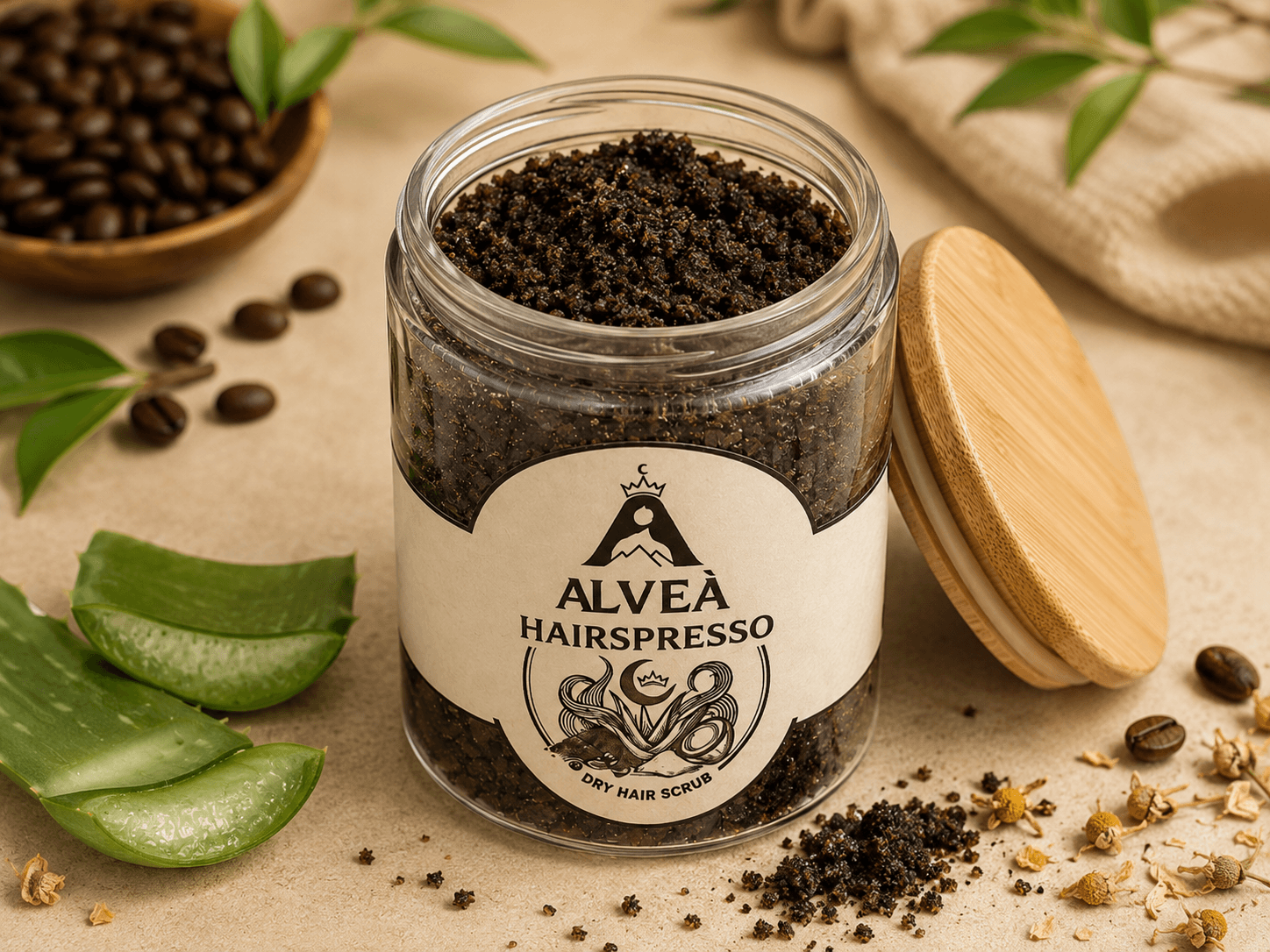 ALVEÀ Hairspresso jar filled with coffee scrub beside aloe vera, coffee beans, botanicals, and a bamboo lid.