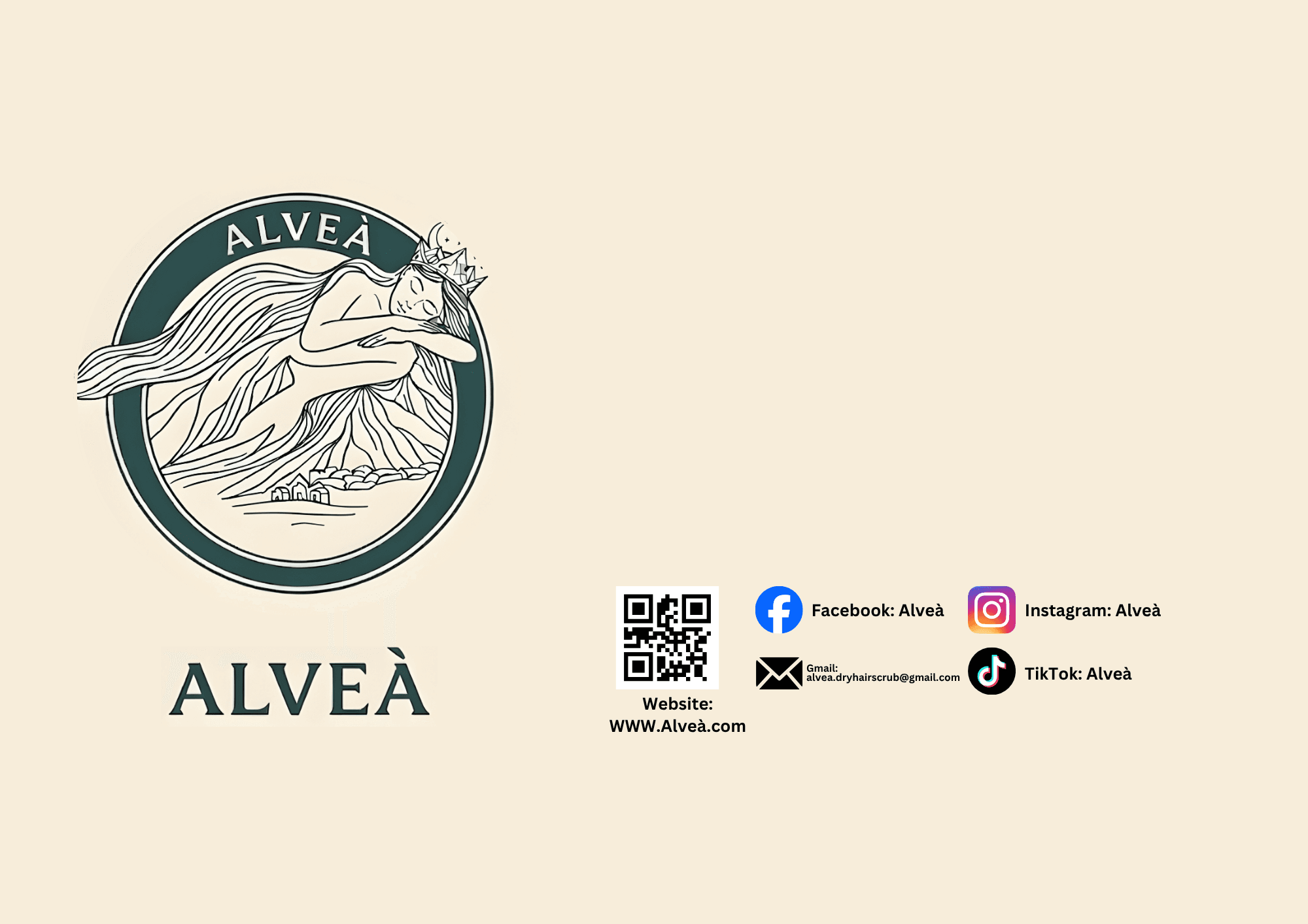Original ALVEÀ logo and social contact board with QR code and social handles.